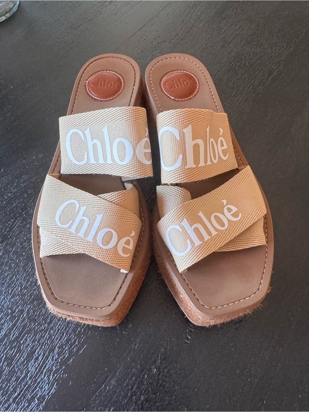 Chloé Tan & White Logo Double Strap Slide Sandals